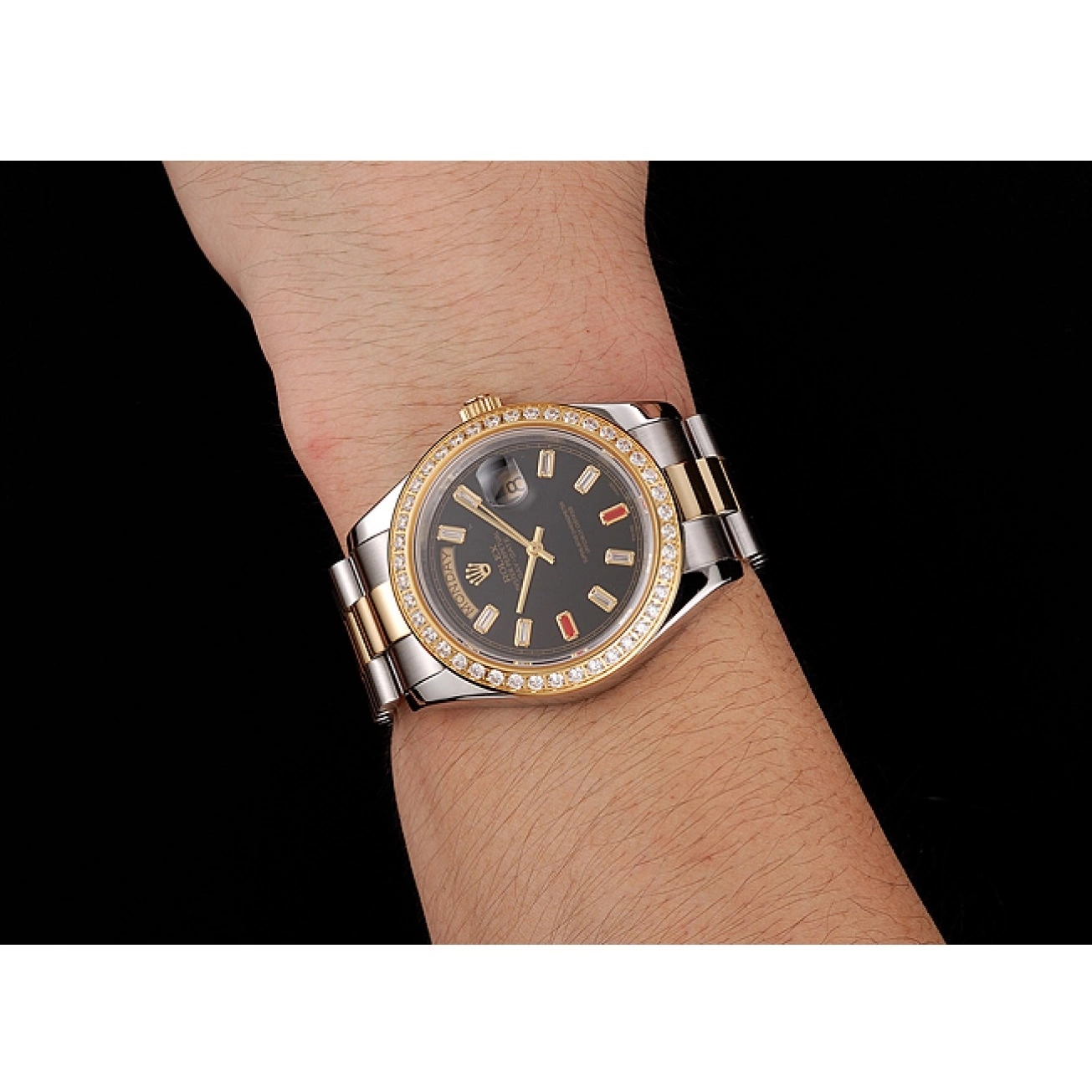 Aaa replica watch Bracelet Diamonds Black Rolex Rubies Swiss And Dial Tone Day-Date 1454105 Two 0728